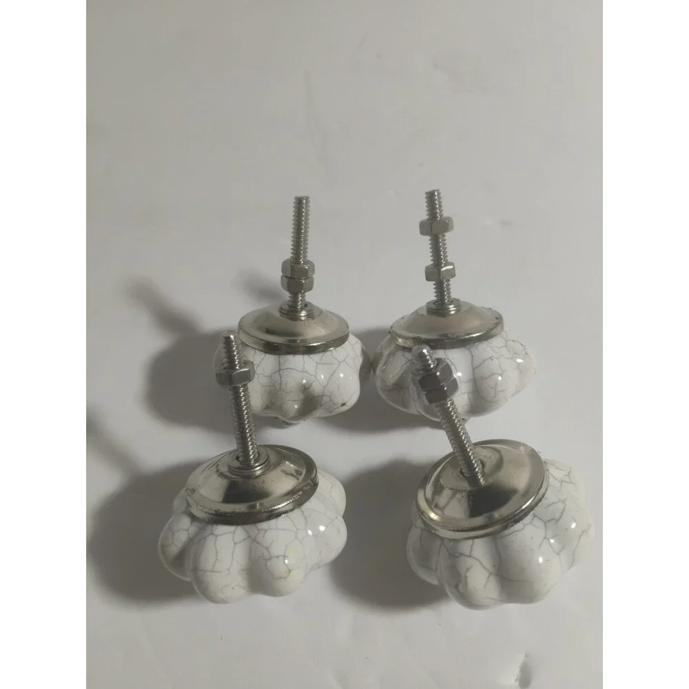 Lot of 4 Vintage Style White Crackle Glaze Ceramic Melon Cabinet Knobs Pulls